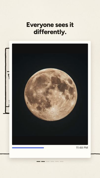 Still from the film: a photo of the moon, under the line “Everyone sees it differently.”