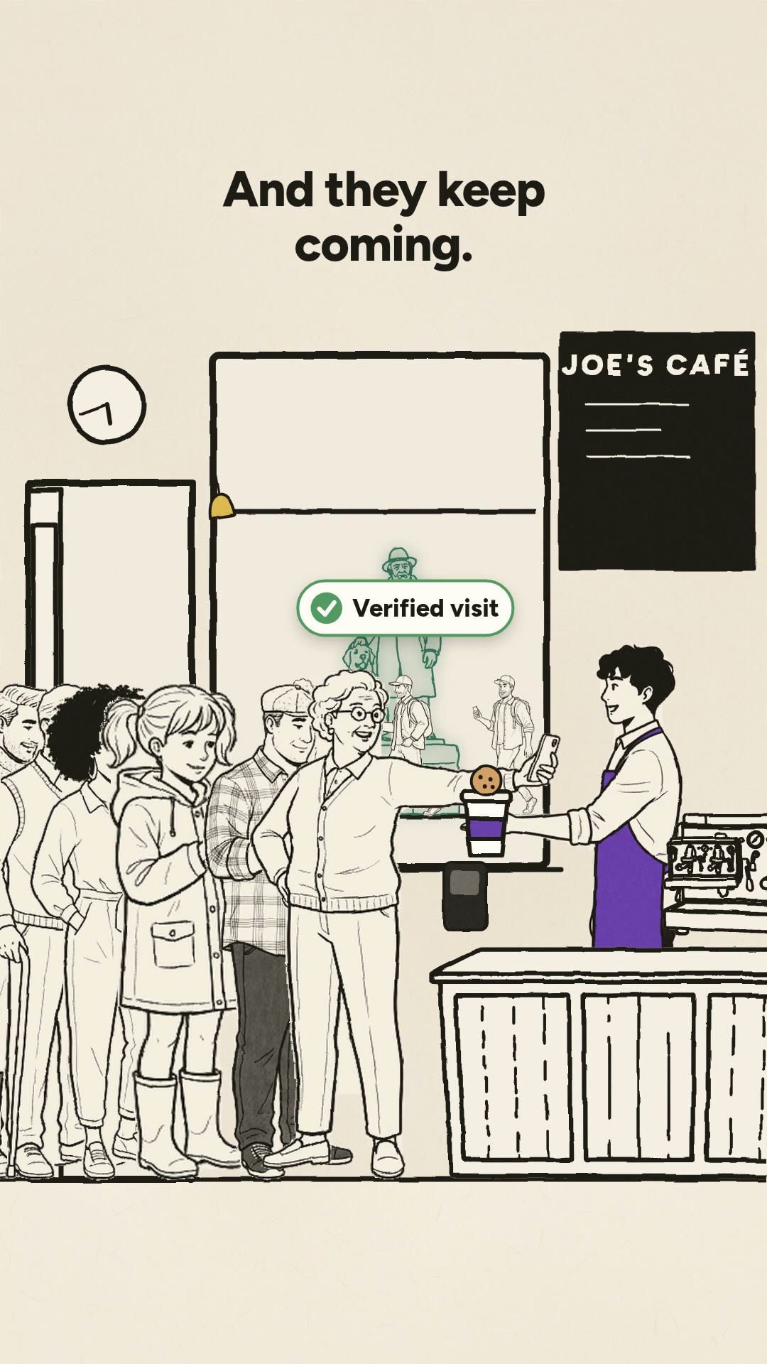 From the business film: a queue of people at the counter of Joe's Café