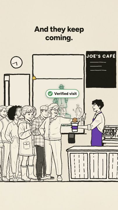 Still from the film: a queue at the counter of Joe's Café, under the line “And they keep coming.”